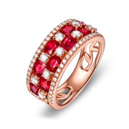 Anello Dama Fiorita - Oro Rosa, Riviera Mezzo Giro di Rubini e Diamanti