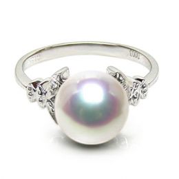 Anello Kiku - Oro Bianco, Diamanti e Perla Akoya Bianca