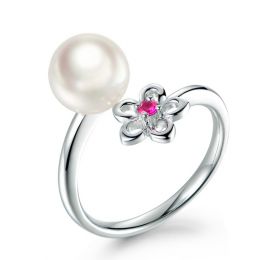 Anello Fiore - Oro Bianco, Zaffiro Rosa e Perla Akoya