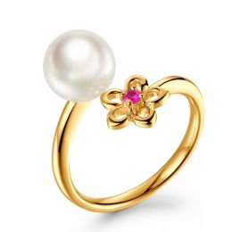 Anello Fiore - Oro Giallo, Zaffiro Rosa e Perla Akoya