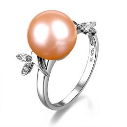 Anello Feuilles Étincelantes - Oro Bianco 18kt, Diamanti e Perla d'Acqua Dolce