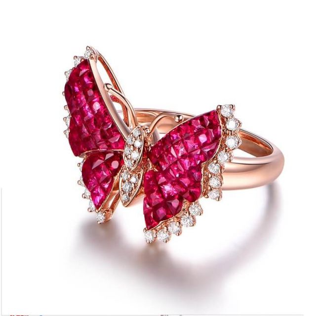 Anello Farfalla Ardente - Oro Rosa, Diamanti & Rubini Birmani