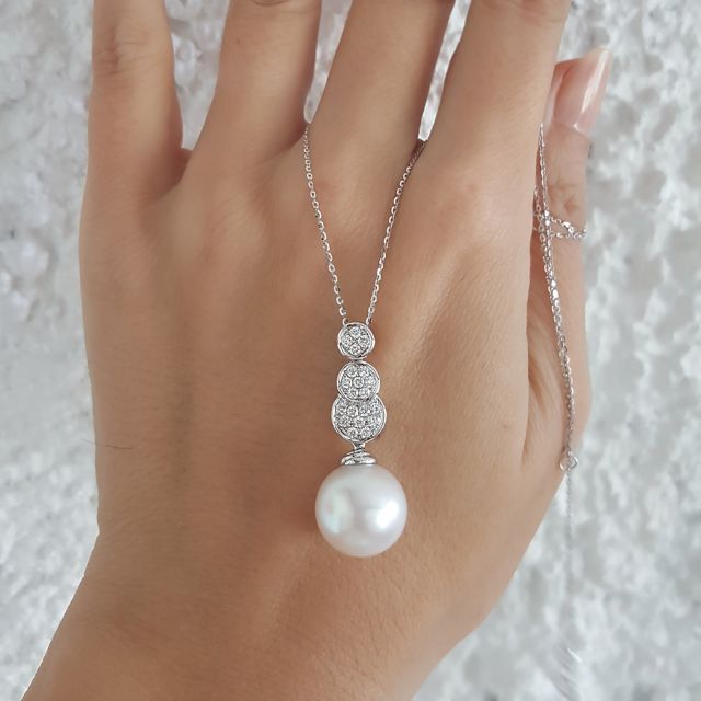 Ciondolo oro bianco, diamanti -  Perla d'Australia bianca - 12/13mm