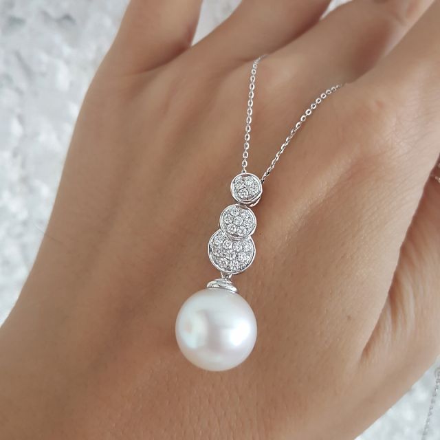 Ciondolo oro bianco, diamanti -  Perla d'Australia bianca - 12/13mm