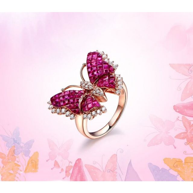 Anello Farfalla Ardente - Oro Rosa, Diamanti & Rubini Birmani