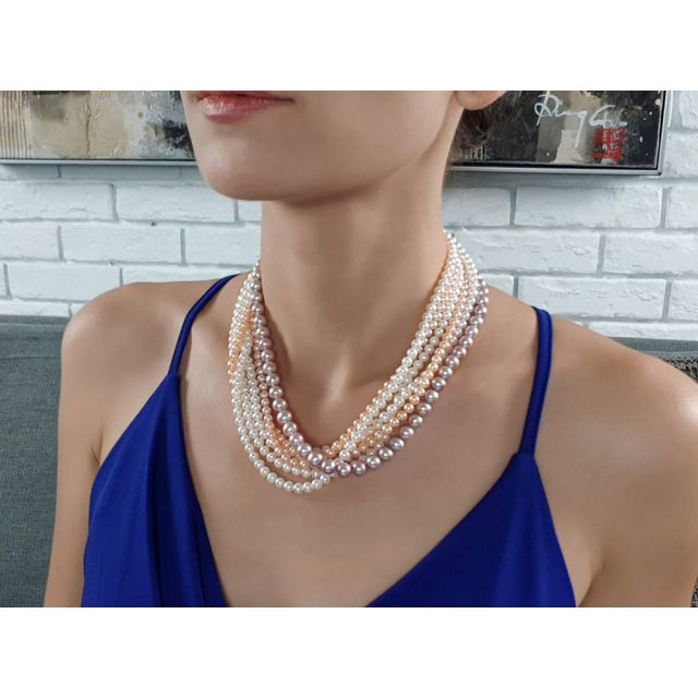 Collana Arlequin - Torchon a 6 Fili di Perle d'Acqua Dolce Miste 5/8mm AAA 