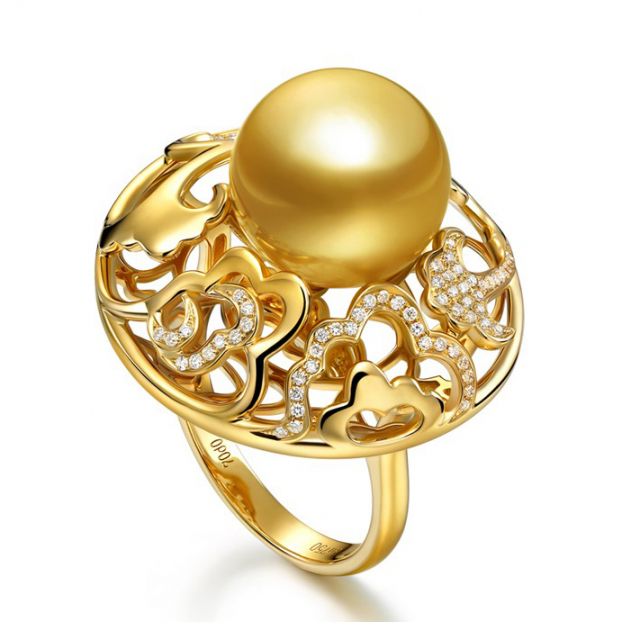 Anello Pivoine - Perla dei Mari del Sud Dorata e Oro Giallo