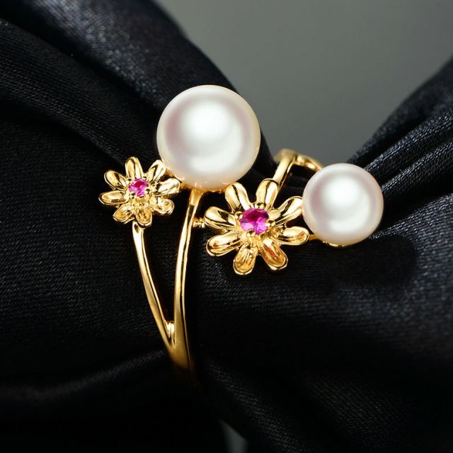 Bague or jaune Toi et Moi Perles Akoya. Fleurs, Saphirs roses