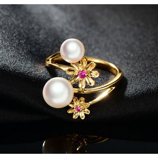 Bague or jaune Toi et Moi Perles Akoya. Fleurs, Saphirs roses