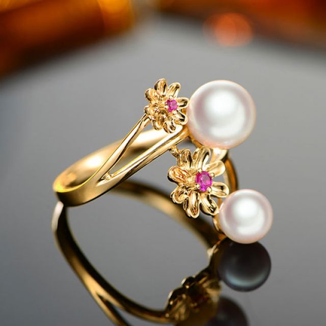 Bague or jaune Toi et Moi Perles Akoya. Fleurs, Saphirs roses