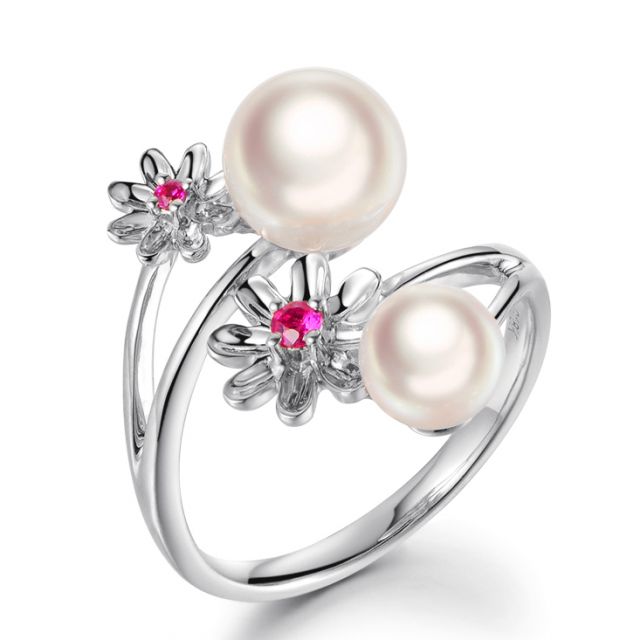 Bague Toi et Moi Perles Akoya Japon. Fleurs, Saphirs roses