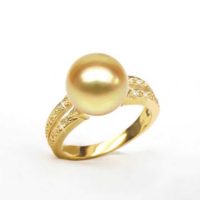 Anello oro giallo, diamanti - Perla d'Australia dorata, gold - 10/11mm