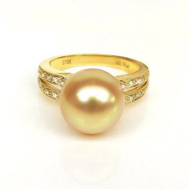 Anello oro giallo, diamanti - Perla d'Australia dorata, gold - 10/11mm