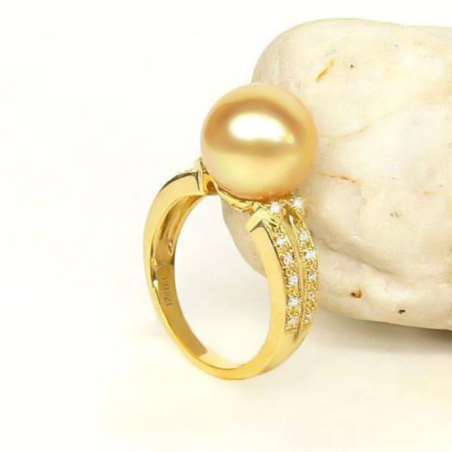 Anello oro giallo, diamanti - Perla d'Australia dorata, gold - 10/11mm