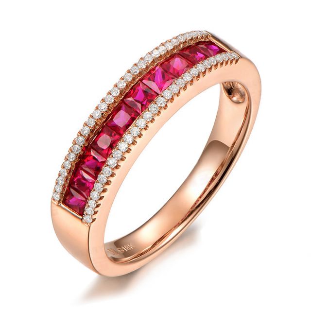 Anello Luce Rossa - Oro Rosa, Riviera di Rubini Princess a Binario e Diamanti