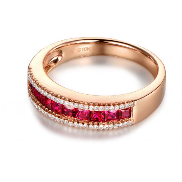 Anello Luce Rossa - Oro Rosa, Riviera di Rubini Princess a Binario e Diamanti