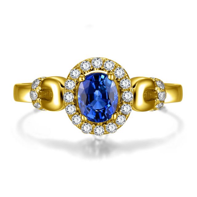 Anello di Fidanzamento Profondo - Oro Giallo, Diamanti & Zaffiro Blu Ovale