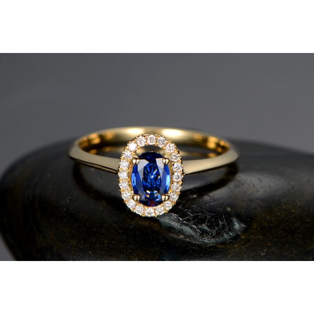 Anello di Fidanzamento Persée - Oro Giallo, Diamanti & Zaffiro Blu Ovale