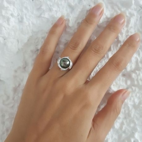 Anello Uracane - Oro Bianco, Diamanti e Perla di Tahiti