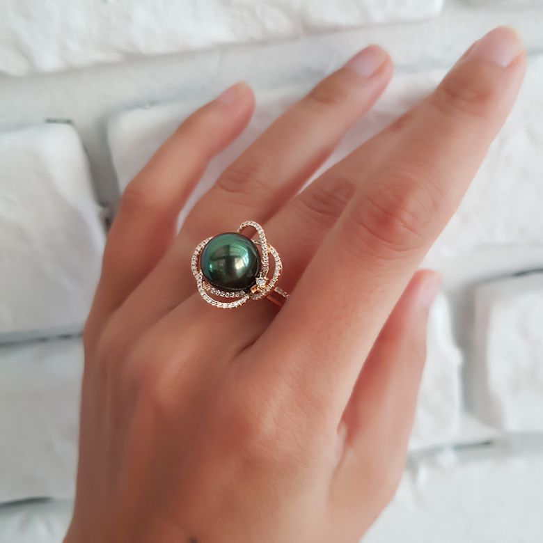 Anello Cape Horn - Oro Giallo, Diamanti e Perla di Tahiti - 9