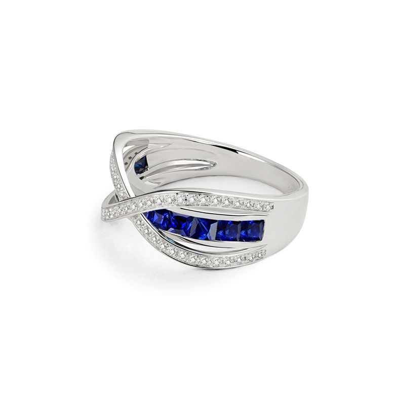 Anello Sens - Oro Bianco, Riviera di Zaffiri Princess a Binario & Diamanti - 4
