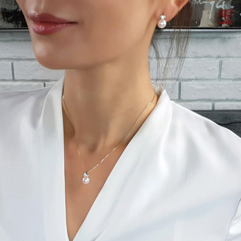 Ciondolo e Orecchini Tsuguka - Parure Oro Bianco & Perle Akoya - 8
