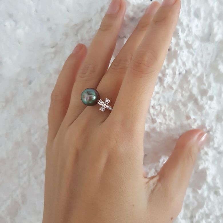 Anello Croce - Oro Bianco, Diamanti e  Perla di Tahiti Nera - 6