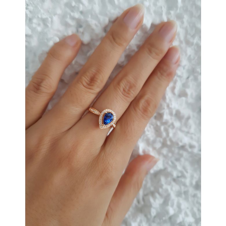 Anello Solitario Composto Jaffna - Oro Giallo, Diamanti & Zaffiro Pera - 5