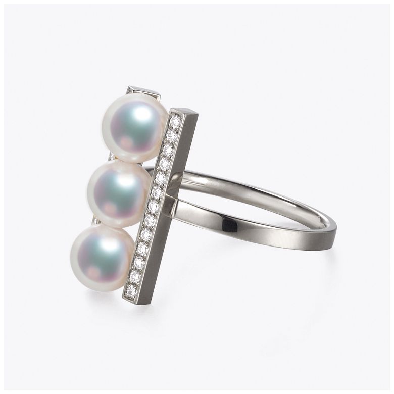 Anello Otohiko - Oro Bianco, Diamanti e 3 Perle Akoya - 3
