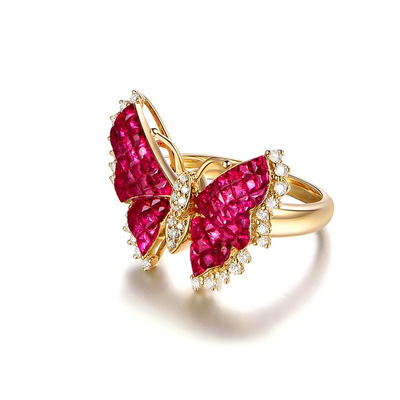 Anello Farfalla Ardente - Oro Giallo, Diamanti & Rubini Birmani - 6