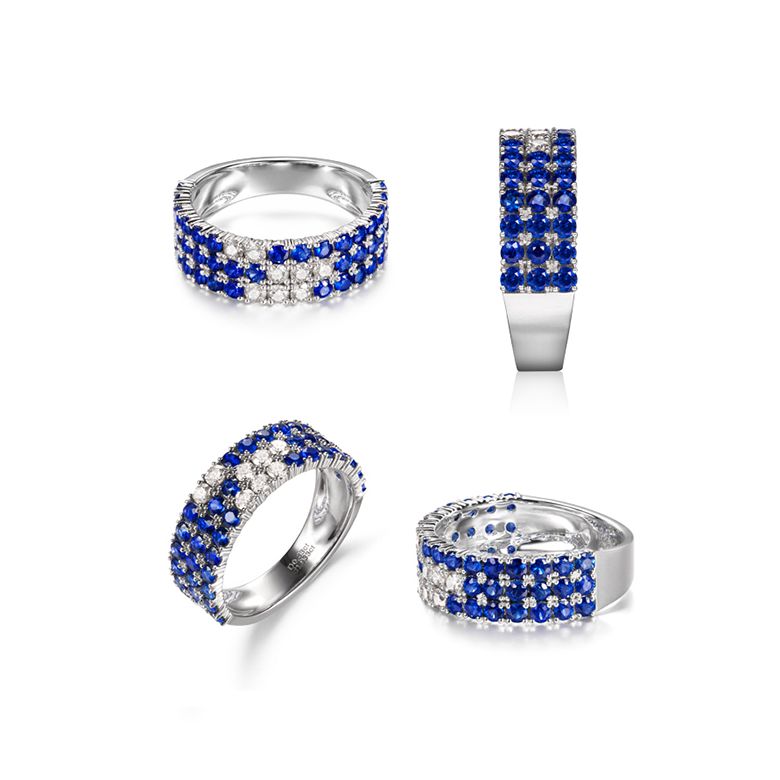 Anello Veretta Blue Lagoon - Oro Bianco, Mezzo Giro di Zaffiri & Diamanti - 8