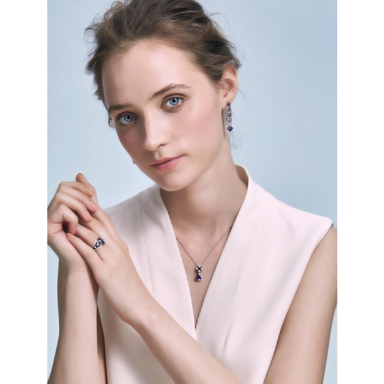 Boucle d oreille saphir bleu, diamant - Or blanc - 5
