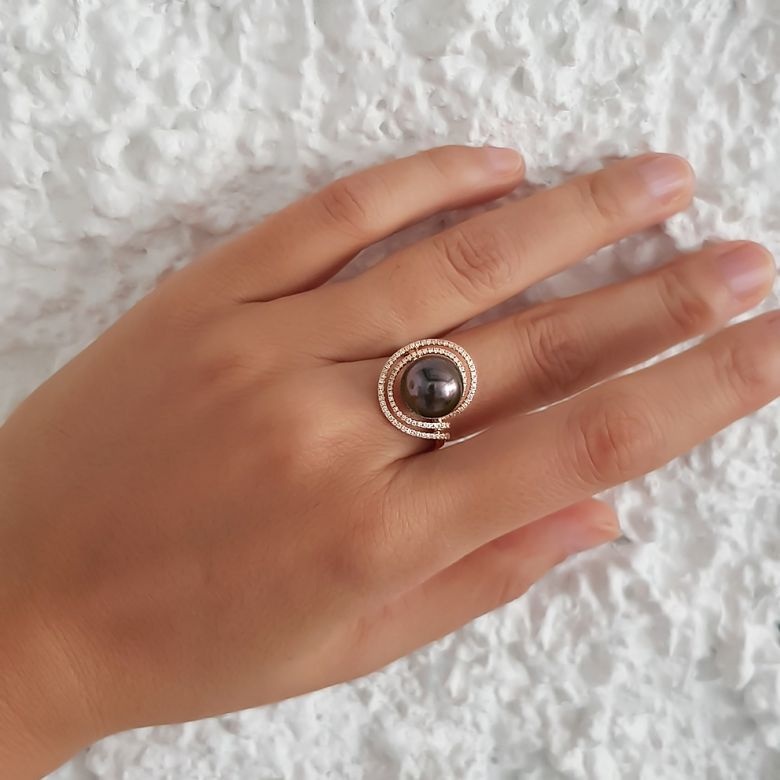 Anello Arc de la Sonde - Oro Giallo, Diamanti e Perla di Tahiti - 2