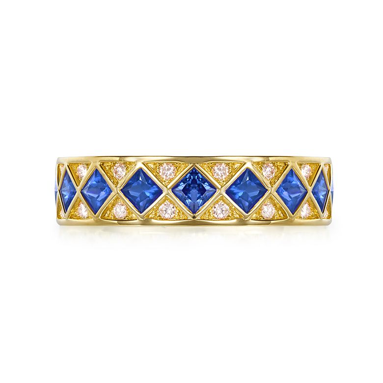 Anello Dama Di Quadri - Oro Giallo, Mezzo Giro di Zaffiri & Diamanti - 3