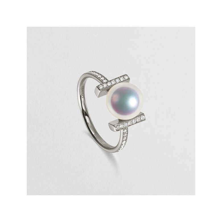 Anello Otohiko - Oro Bianco, Diamanti e Perla Akoya - 3
