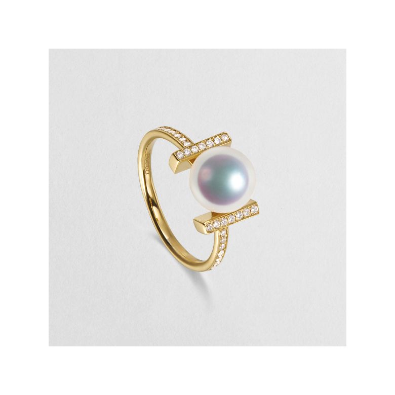 Anello Otohiko - Oro Giallo, Diamanti e Perla Akoya - 3