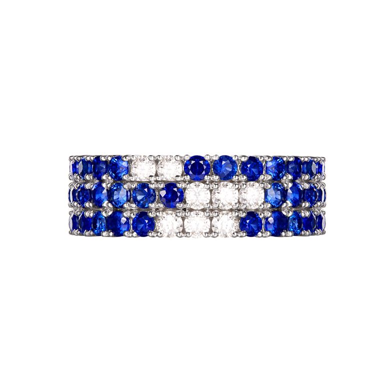 Anello Veretta Blue Lagoon - Oro Bianco, Mezzo Giro di Zaffiri & Diamanti - 9