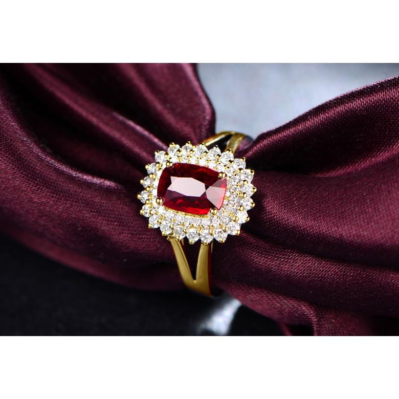 Anello Scintillante - Oro Giallo, Rubino Cuscino & Diamanti - 4