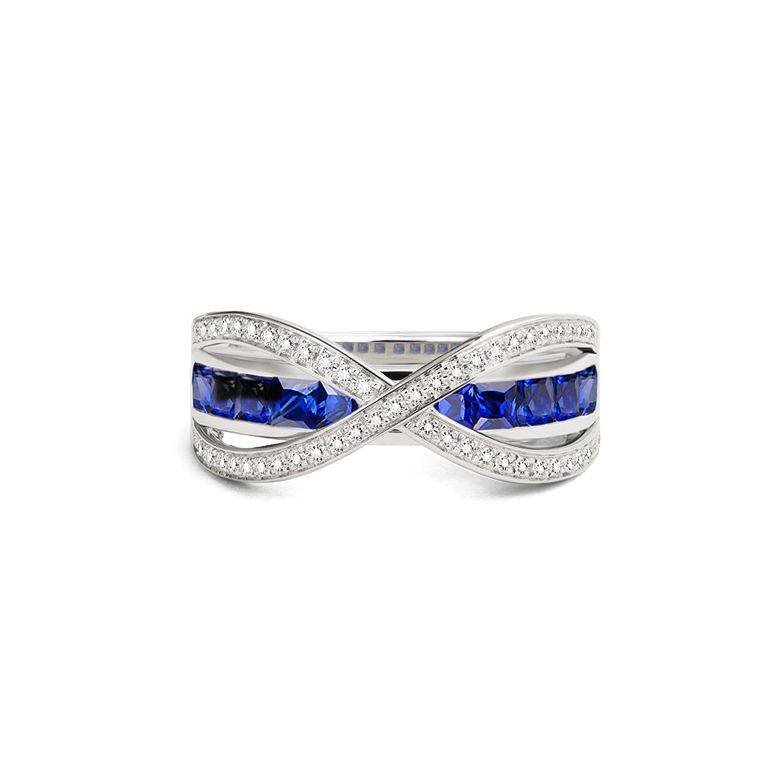 Anello Sens - Oro Bianco, Riviera di Zaffiri Princess a Binario & Diamanti - 3