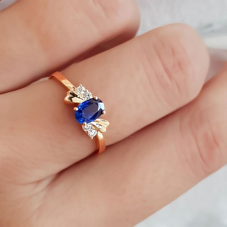 Anello di Fidanzamento Luxe - Oro Giallo, Diamanti & Zaffiro Blu Ovale - 5