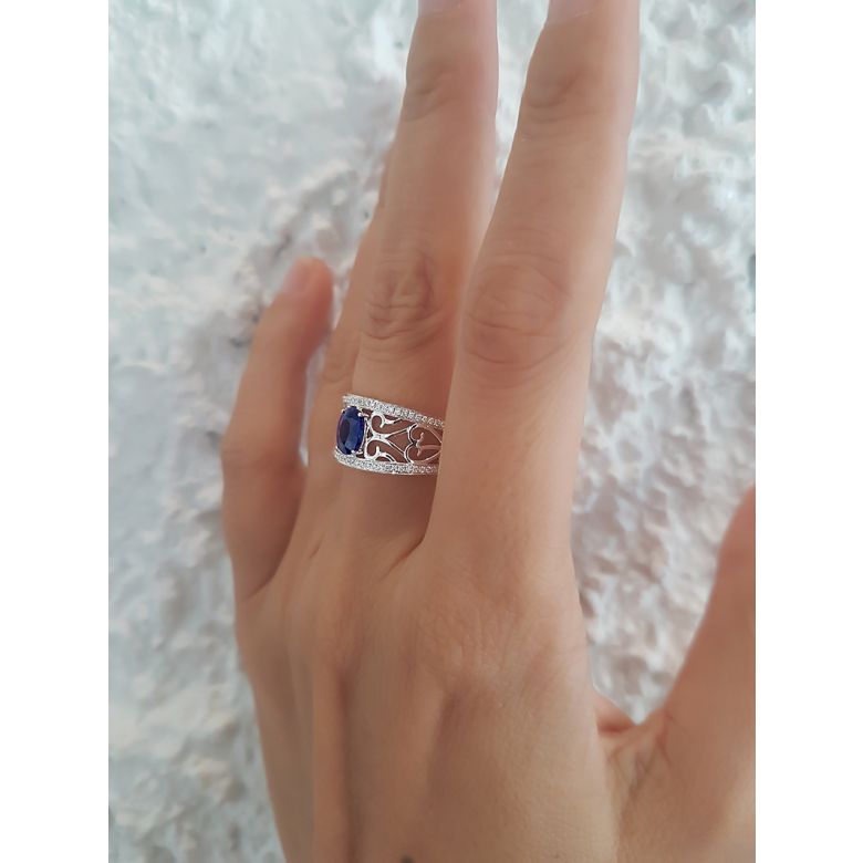Solitario Composto Hiruni - Oro Bianco, Diamanti & Zaffiro Ovale - 7