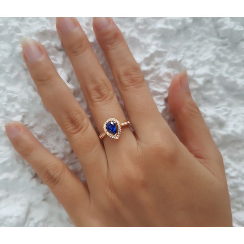 Anello Solitario Composto Jaffna - Oro Giallo, Diamanti & Zaffiro Pera - 4