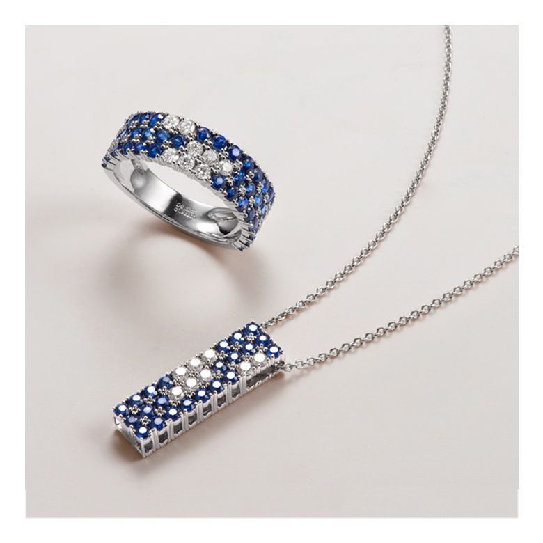 Anello Veretta Blue Lagoon - Oro Bianco, Mezzo Giro di Zaffiri & Diamanti - 3