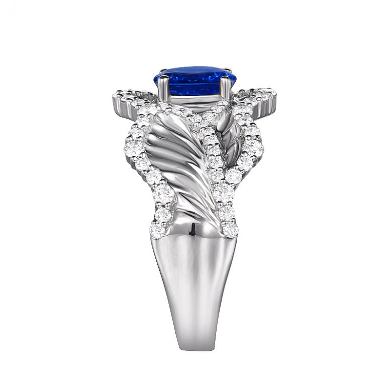 Anello Solitario Composto Floraison - Oro Bianco, Diamanti & Zaffiro - 6