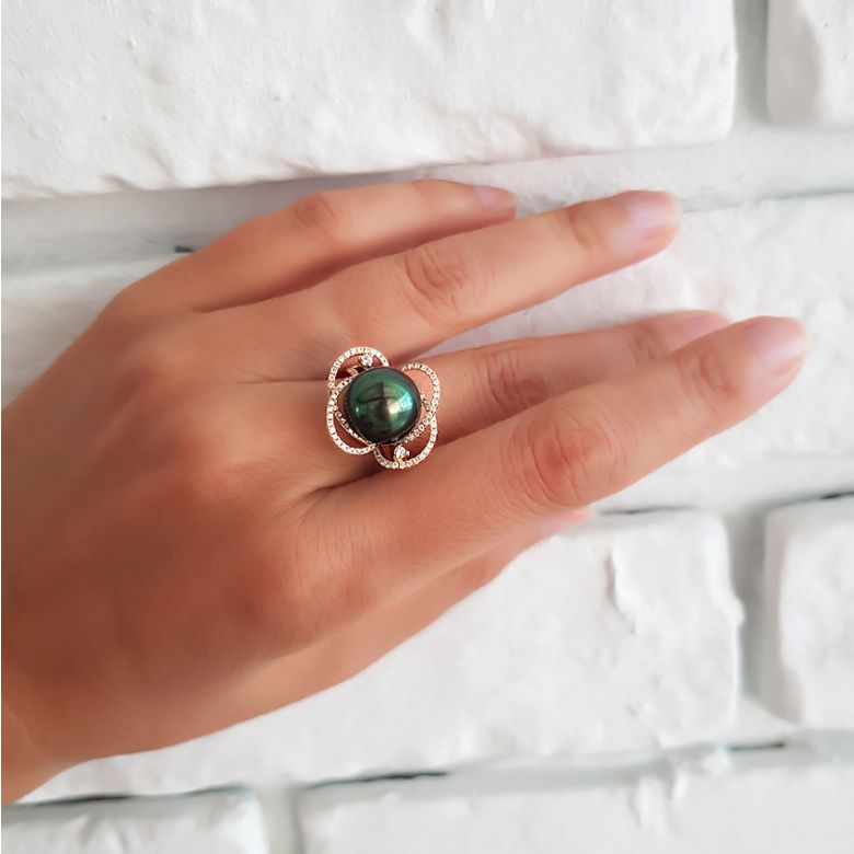 Anello Cape Horn - Oro Giallo, Diamanti e Perla di Tahiti - 11
