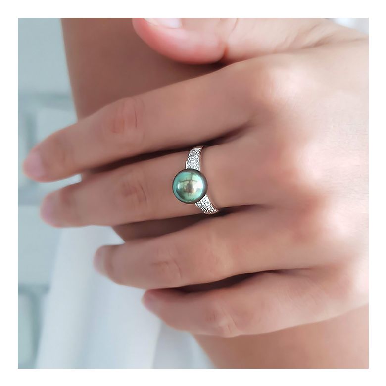 Anello Classico - Oro Bianco, Diamanti e Perla di Tahiti - 5