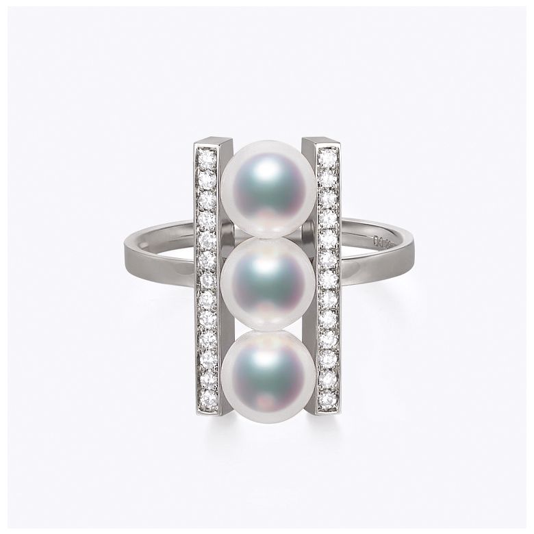 Anello Otohiko - Oro Bianco, Diamanti e 3 Perle Akoya - 1