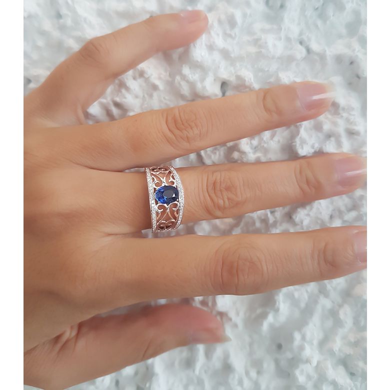 Solitario Composto Hiruni - Oro Bianco, Diamanti & Zaffiro Ovale - 5