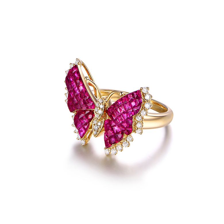 Anello Farfalla Ardente - Oro Giallo, Diamanti & Rubini Birmani - 5
