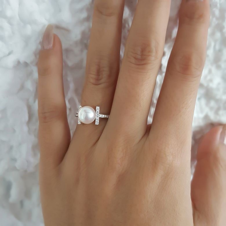 Anello Otohiko - Oro Bianco, Diamanti e Perla Akoya - 13